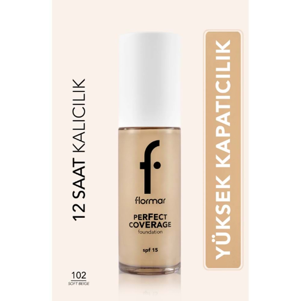 Flormar Perfect Coverage Yoğun Kapatıcı Su Bazlı Fondöten -102 Soft Beige