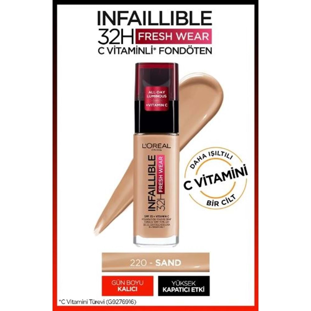 L'Oreal Paris Uzun Süre Kalıcı Fondöten - Infaillible 24H Fresh Wear 220 Sand 30 ml 3600523614479