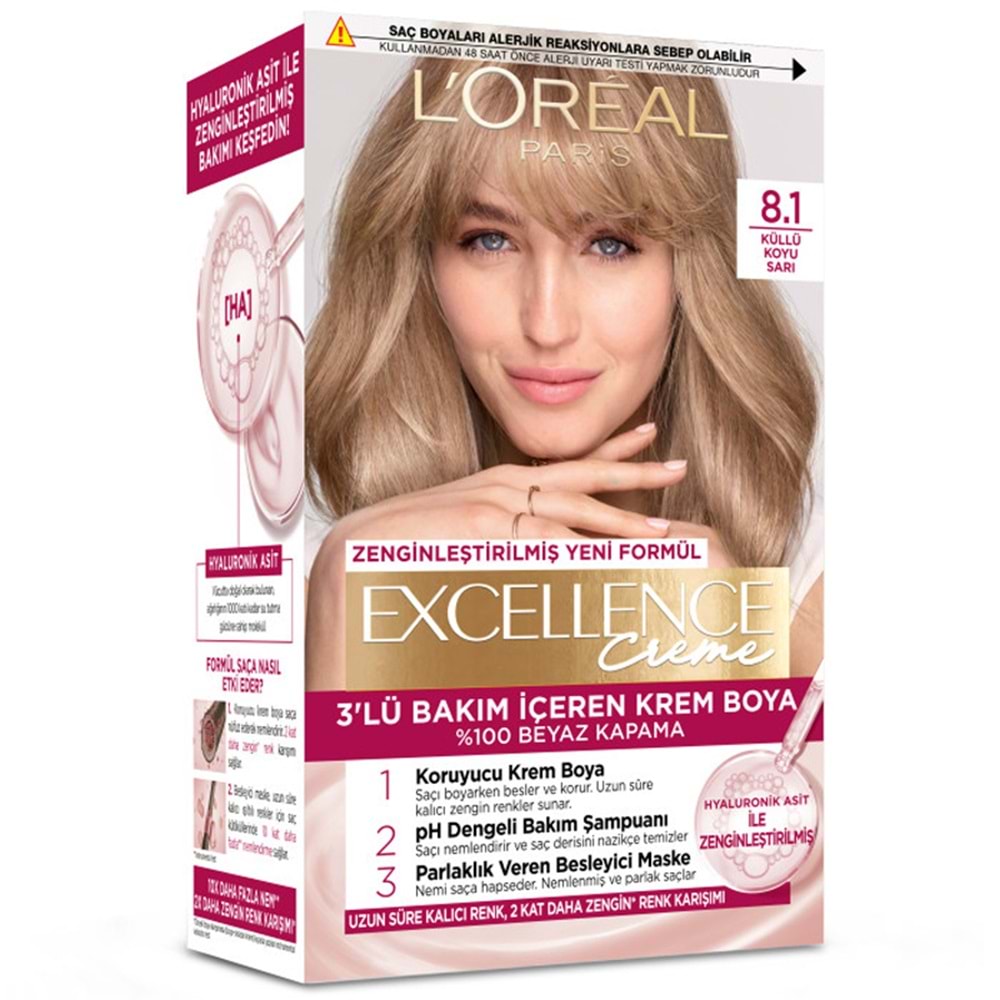 Loreal Paris Excellence Creme Saç Boyası No: 8.1 Küllü Koyu Sarı