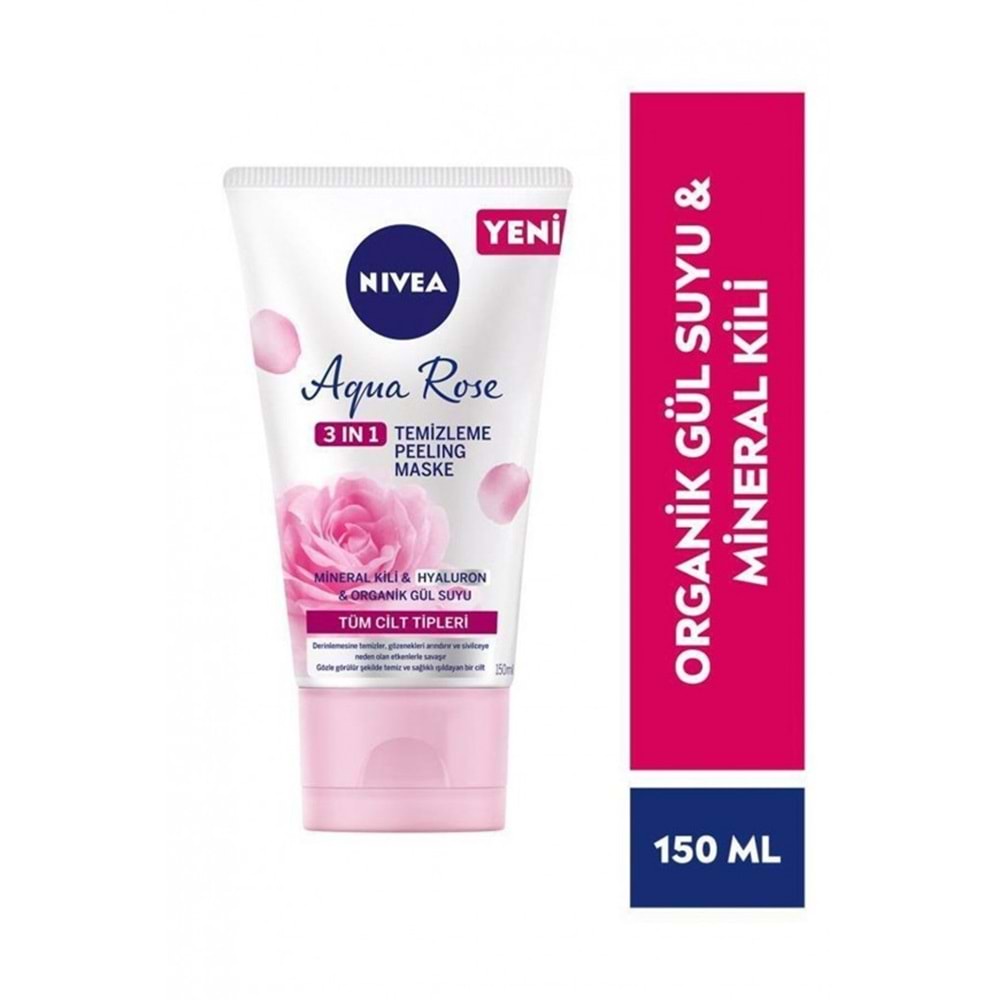 Nivea Aqua Rose 3ü1 arada Yüz Temizleme Peeling Maske Gül Suyu Mineral Kili 150ml