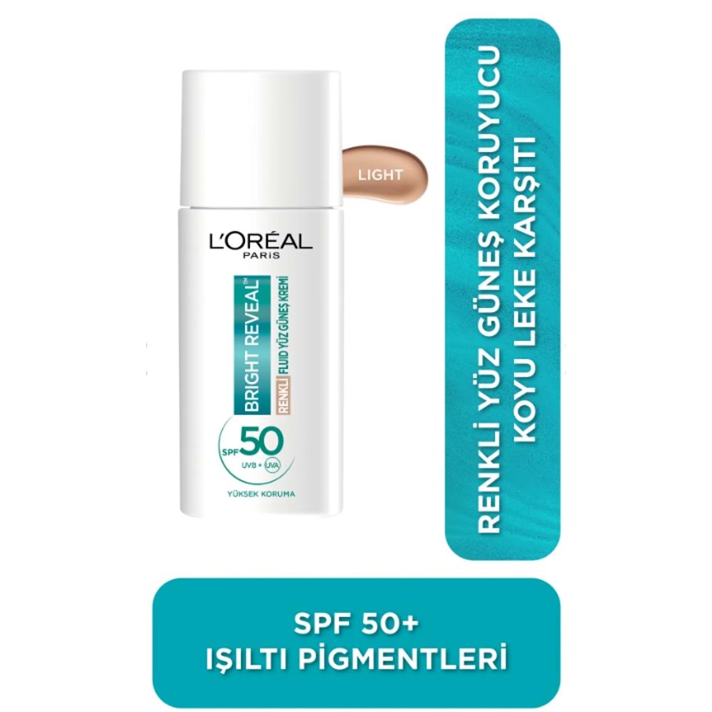 L'Oreal Paris Bright Reveal Spf 50+ Koyu Leke Karşıtı Renkli Fluid Günlük Yüz Güneş Kremi 50ml - Light