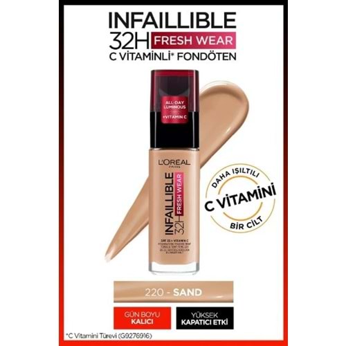 L'Oreal Paris Uzun Süre Kalıcı Fondöten - Infaillible 24H Fresh Wear 220 Sand 30 ml 3600523614479