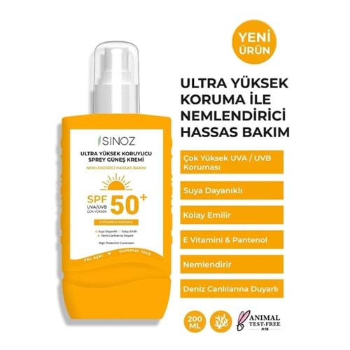 Sinoz Spf50+ Ultra Yüksek Koruyucu Vücut Güneş Kremi - Nemlendirici Hassas Bakım - 200 Ml Sprey