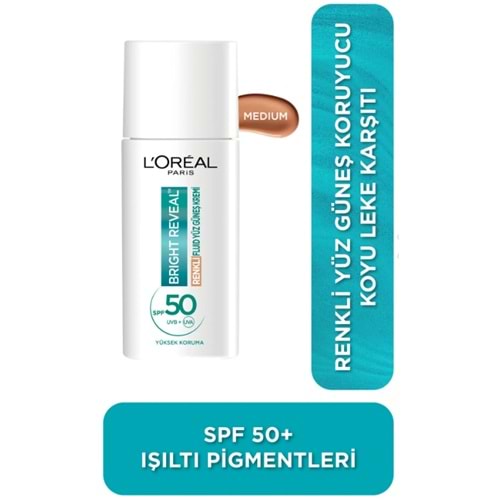 L'Oreal Paris Bright Reveal Spf 50 Koyu Leke Karşıtı Renkli Fluid Günlük Yüz Güneş Kremi 50ml - Medium